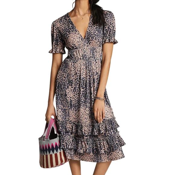 Anthropologie Hutch V Neck Short Sleeve Animal Print Adelia Ruffled Midi Dress - Picture 1 of 14